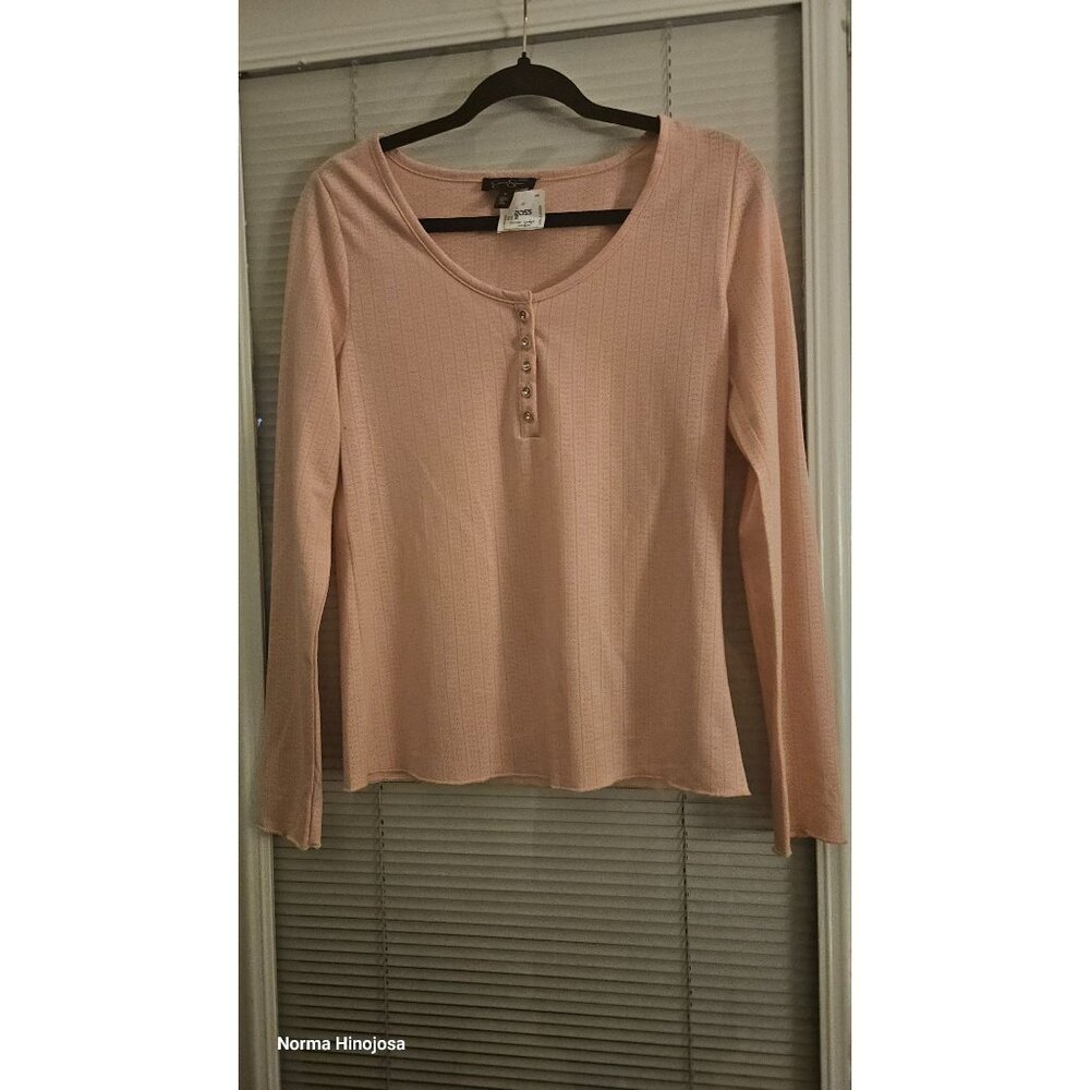 Jessica Simpson Womens Pink Long Sleeve Henley Top With Gold Button Accents Ribb